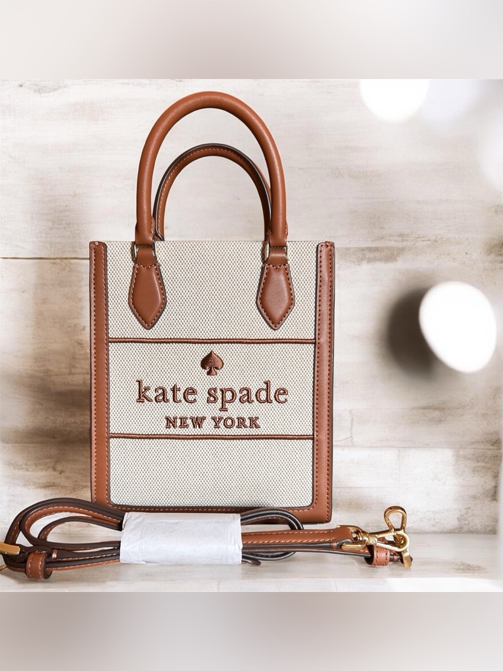 Kate Spade New York Canvas Mini Tote Crossbody with Brown Leather Trim NWT